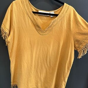 Roaman's | Western Boho Gold Short Sleeve Tee with Fringe Detail | Large